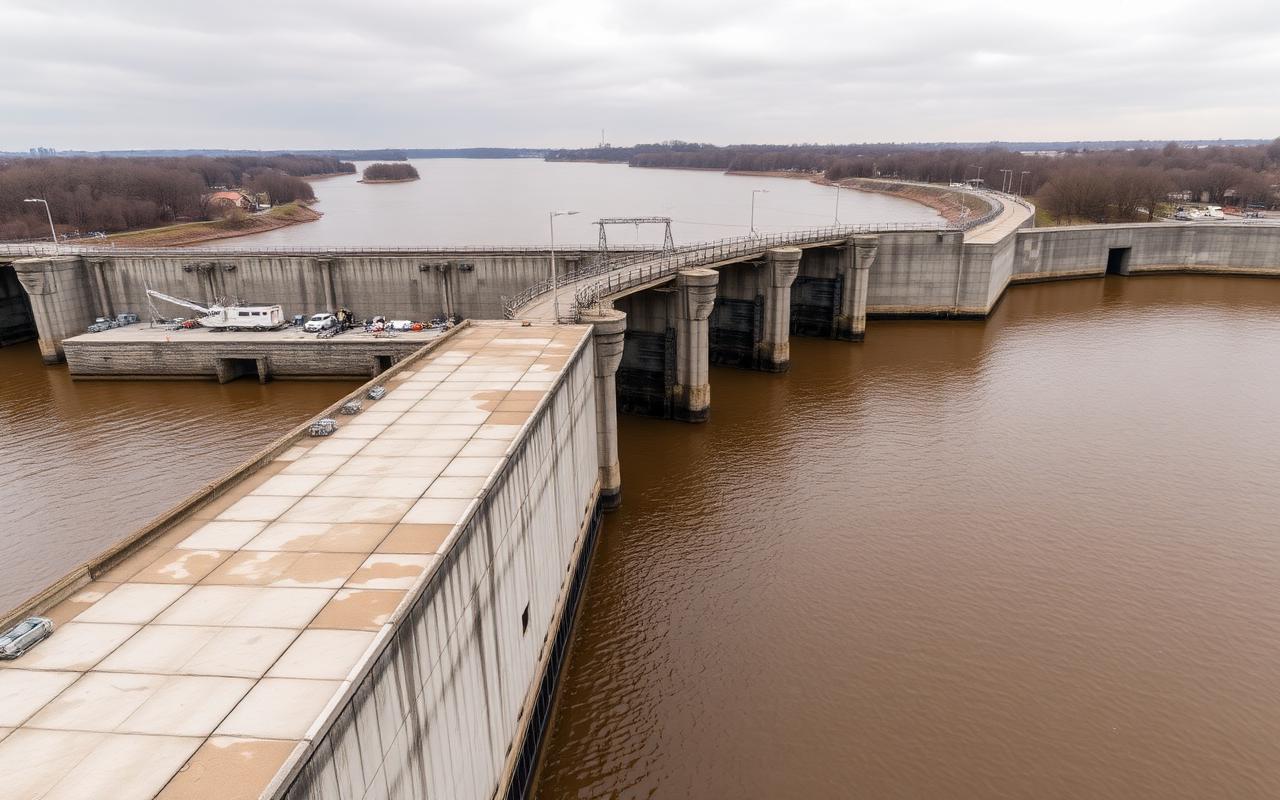 River lock and dam on a wide river, the kind of waterway structure used to slow invasive carp movement