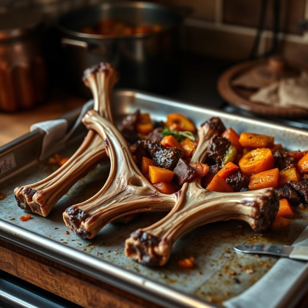 I Make Soup Stock From Scratch: Roasted beef bones with caramelized vegetables on a metal baking tray beside a stockpot in a rustic kitchen.