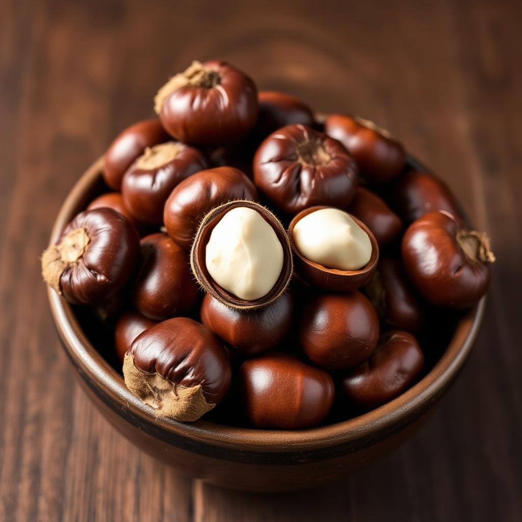 Whole glossy brown chestnuts piled in a dark rustic ceramic bowl with one split open showing the pale nutmeat, illustrating the roasted chestnut flavor in the Starbucks Chestnut Praline Latte