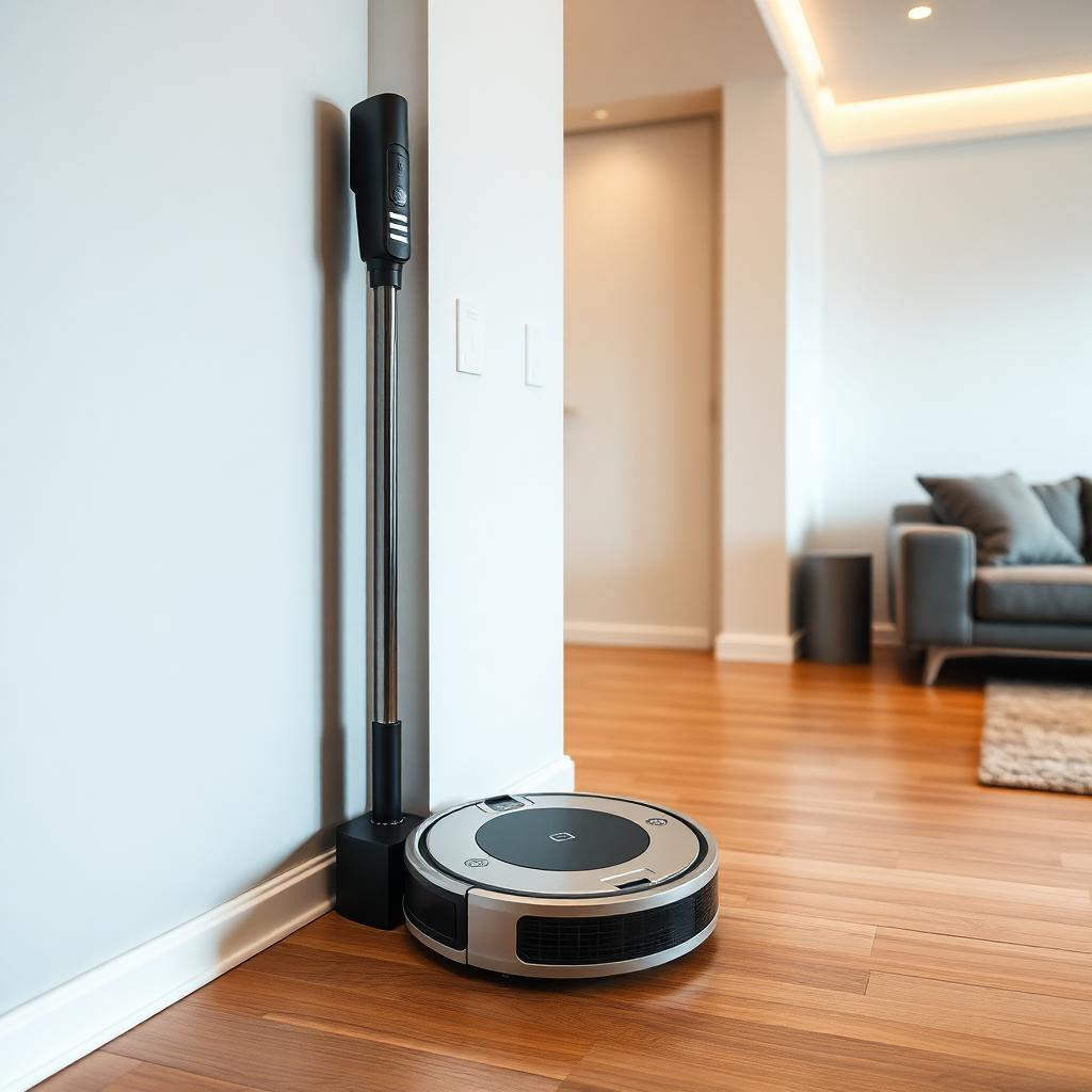 White and silver robot vacuum returning to its low profile charging dock in a modern living room