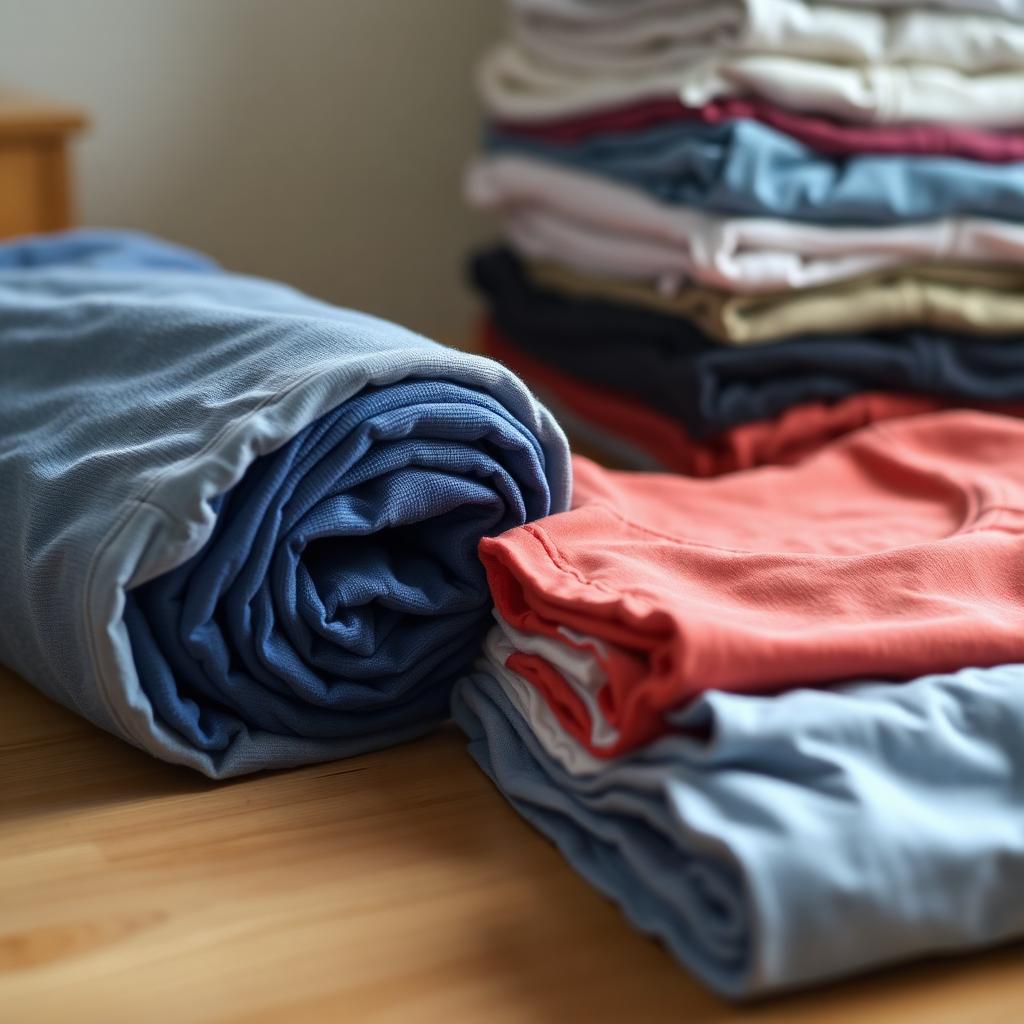 A tightly rolled cotton t shirt next to a stack of folded shirts showing how rolling produces a smaller and denser shape for suitcase packing
