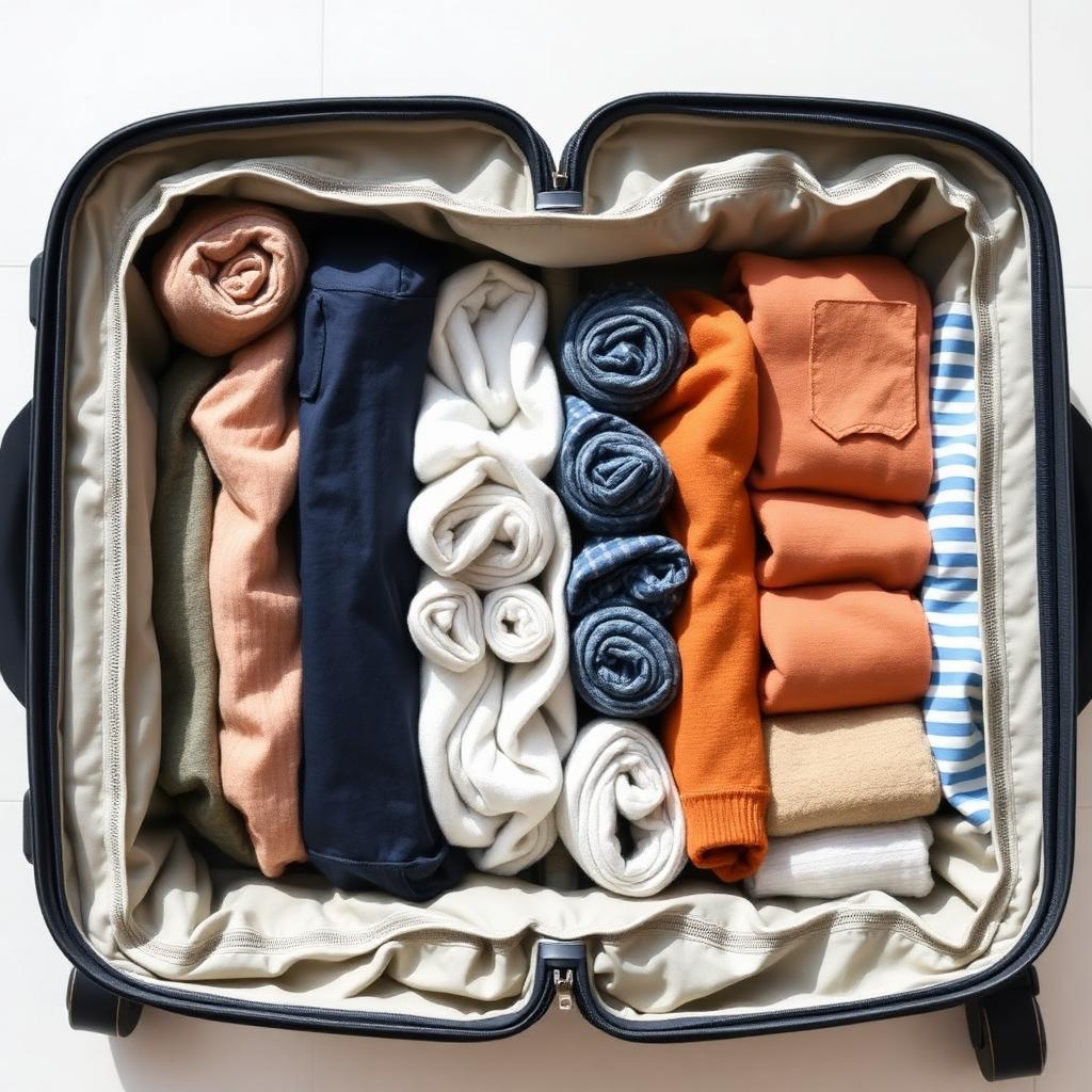 A neat row of tightly rolled travel clothes packed beside packing cubes inside an open carry on suitcase, top down view in bright daylight