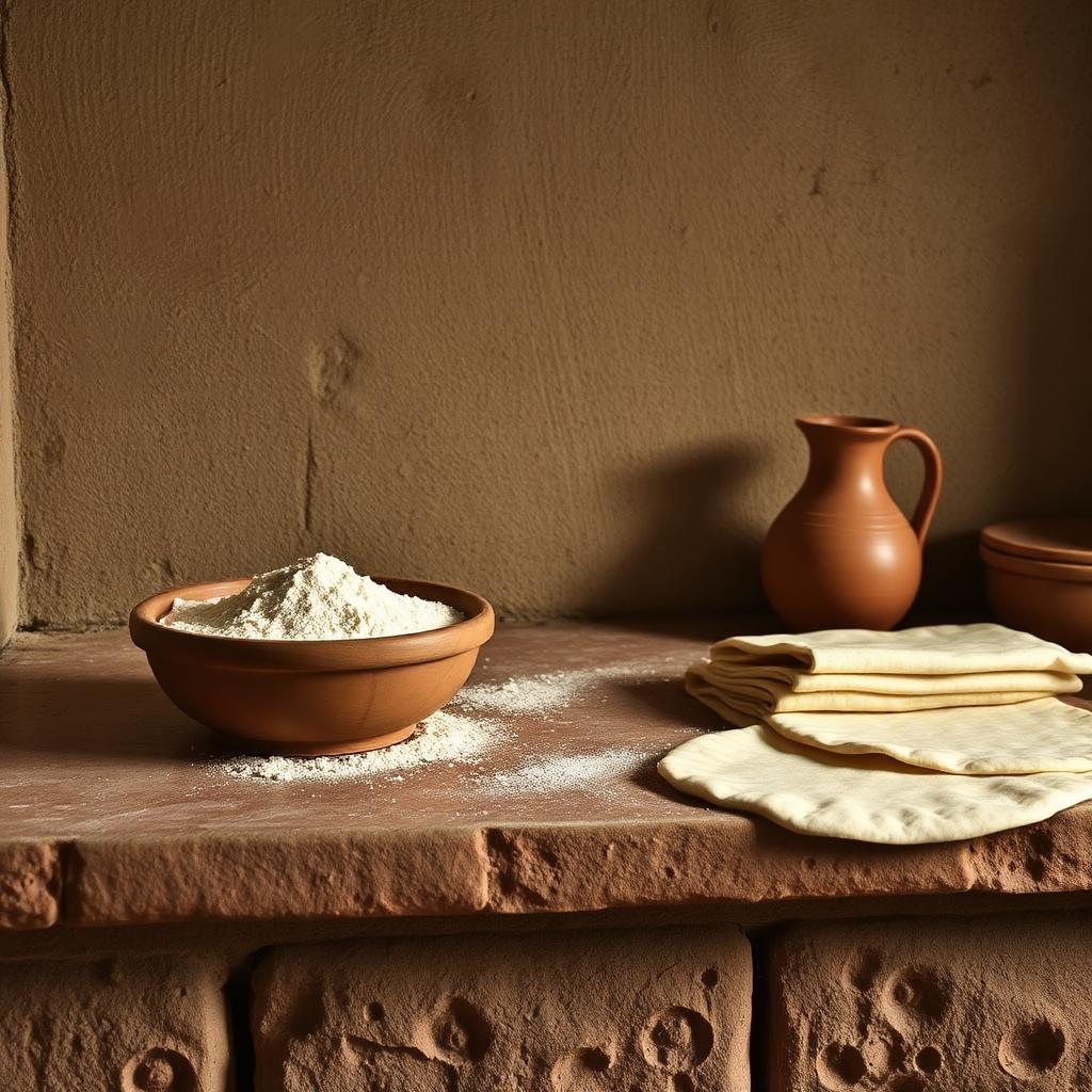 Weathered stone Roman kitchen counter with a wooden bowl of flour, a clay jug and folded sheets of flat dough drying in sepia light