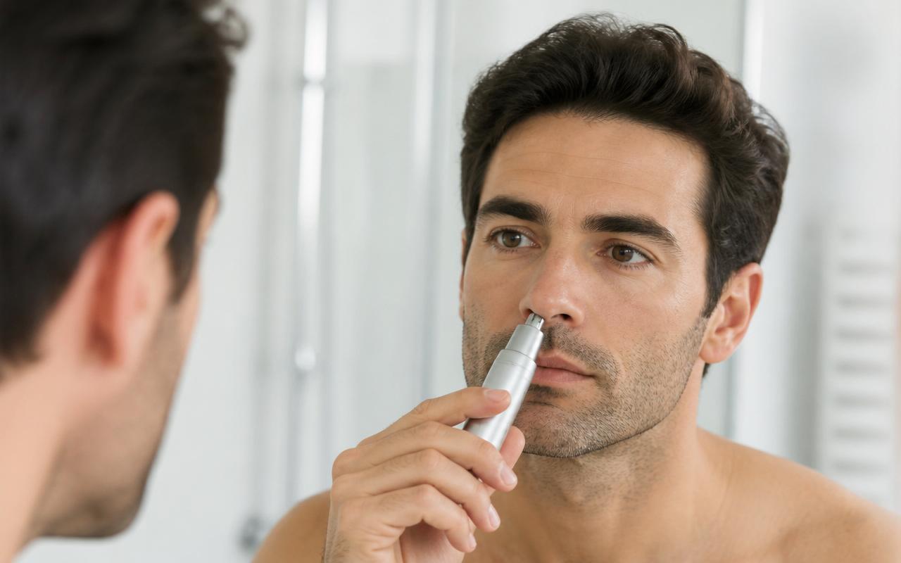 Man\u2019s hand holding a rotary nose hair trimmer near the base of his nostril in side profile