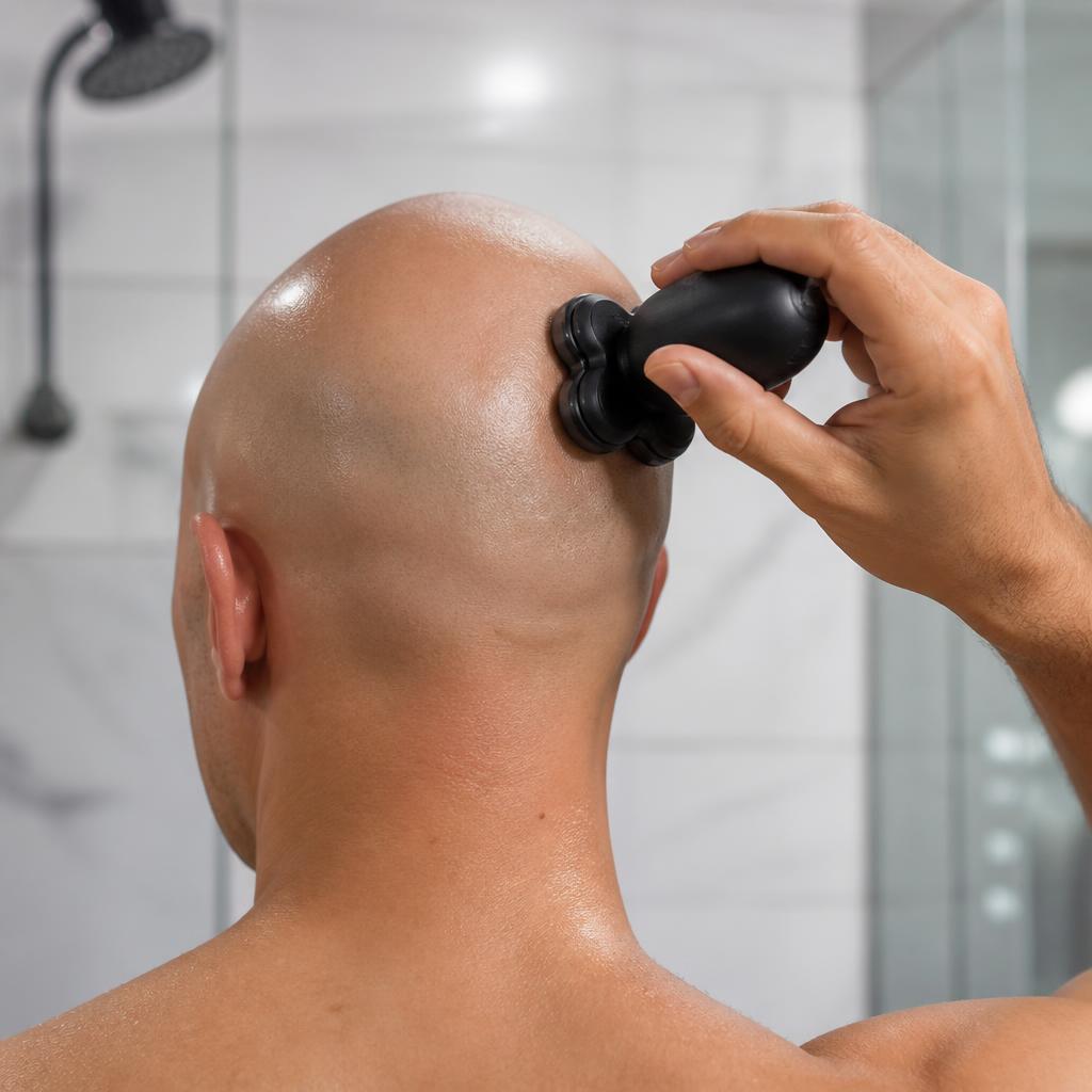 Studio product view of a matte black rotary skull shaver with five circular cutting heads visible from above
