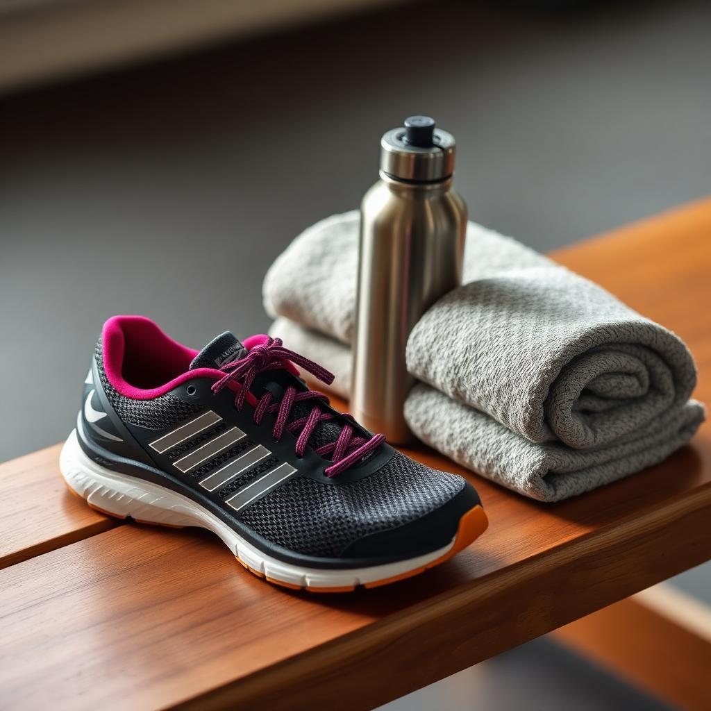 Many Calories Does 16,000 Steps Burn: A pair of athletic running shoes next to a stainless steel water bottle and a folded towel on a wooden gym bench.