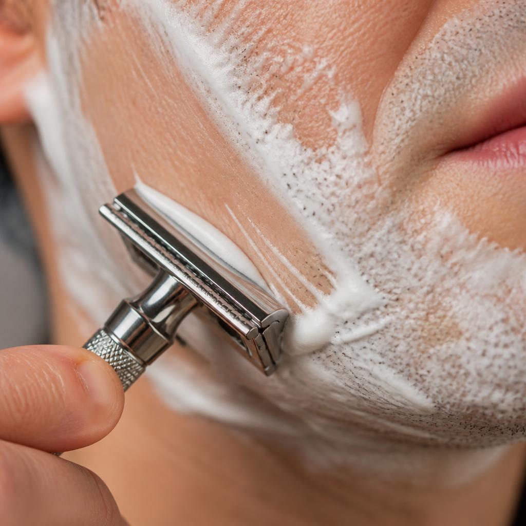 Hand holding a chrome double-edge safety razor at a 30-degree angle to a lathered bearded cheek in bathroom light