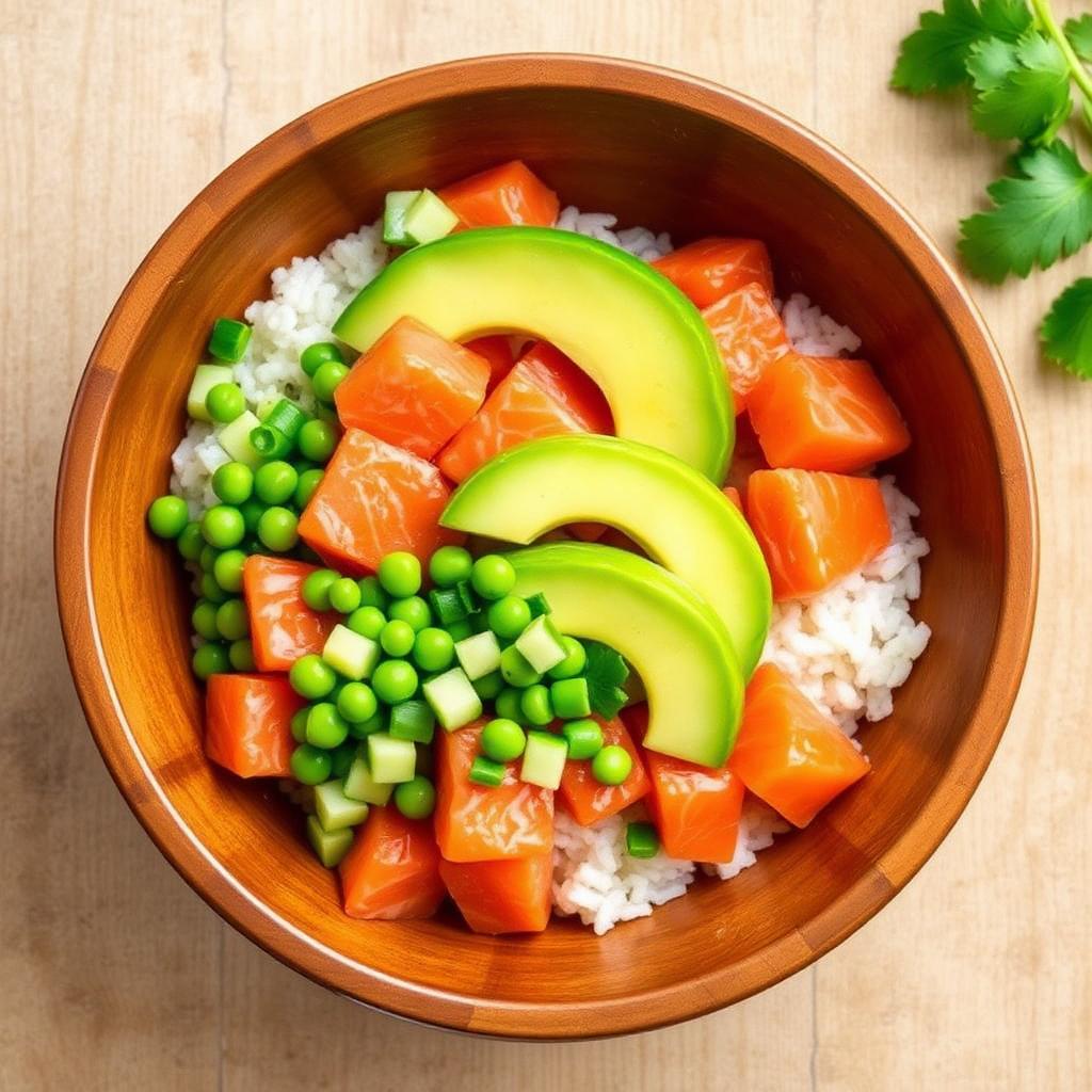 Salmon poke bowl with diced raw salmon, avocado, edamame and rice in a wooden bowl