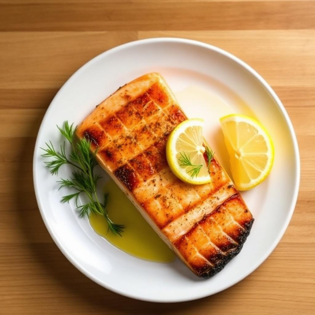 Pan seared salmon fillet with crispy skin on a white plate with lemon and dill