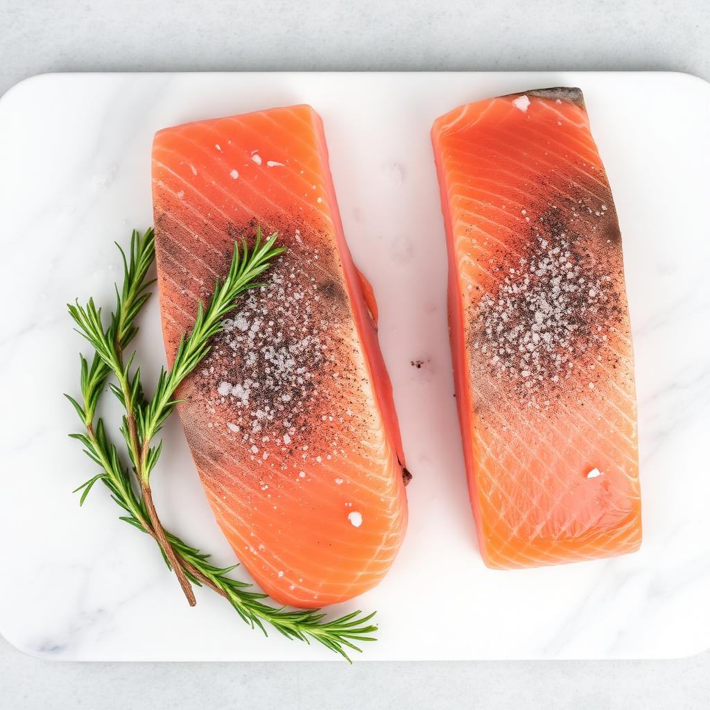 Two raw fresh salmon fillets on a marble cutting board with rosemary sprigs