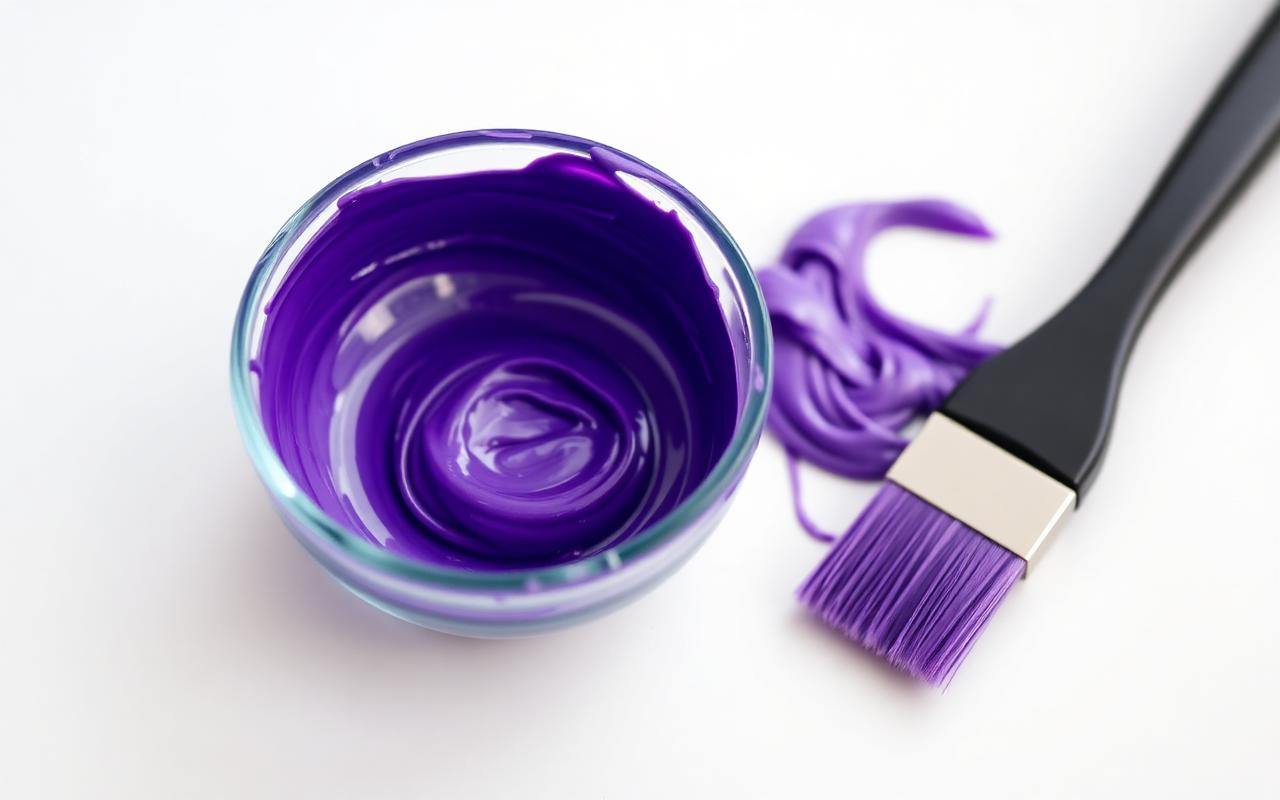 Hair colour mixing bowl with violet cream and a tint brush ready for a colour service