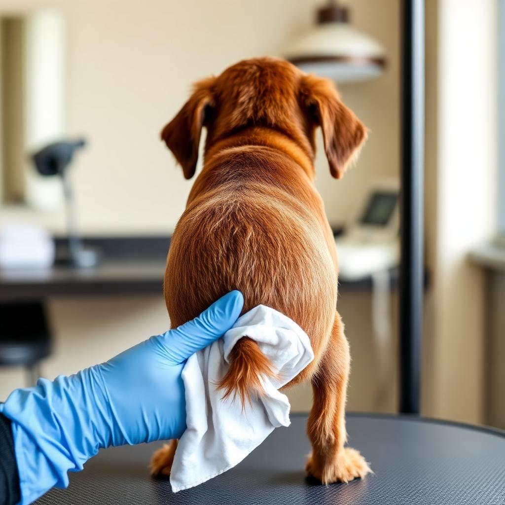 Small dog standing calmly on a grooming table with a gloved human hand holding a folded white wipe near the tail base for sanitary cleaning