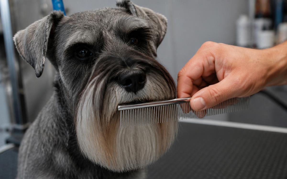 Hands combing the beard of a Miniature Schnauzer forward with a stainless steel dual sided grooming comb