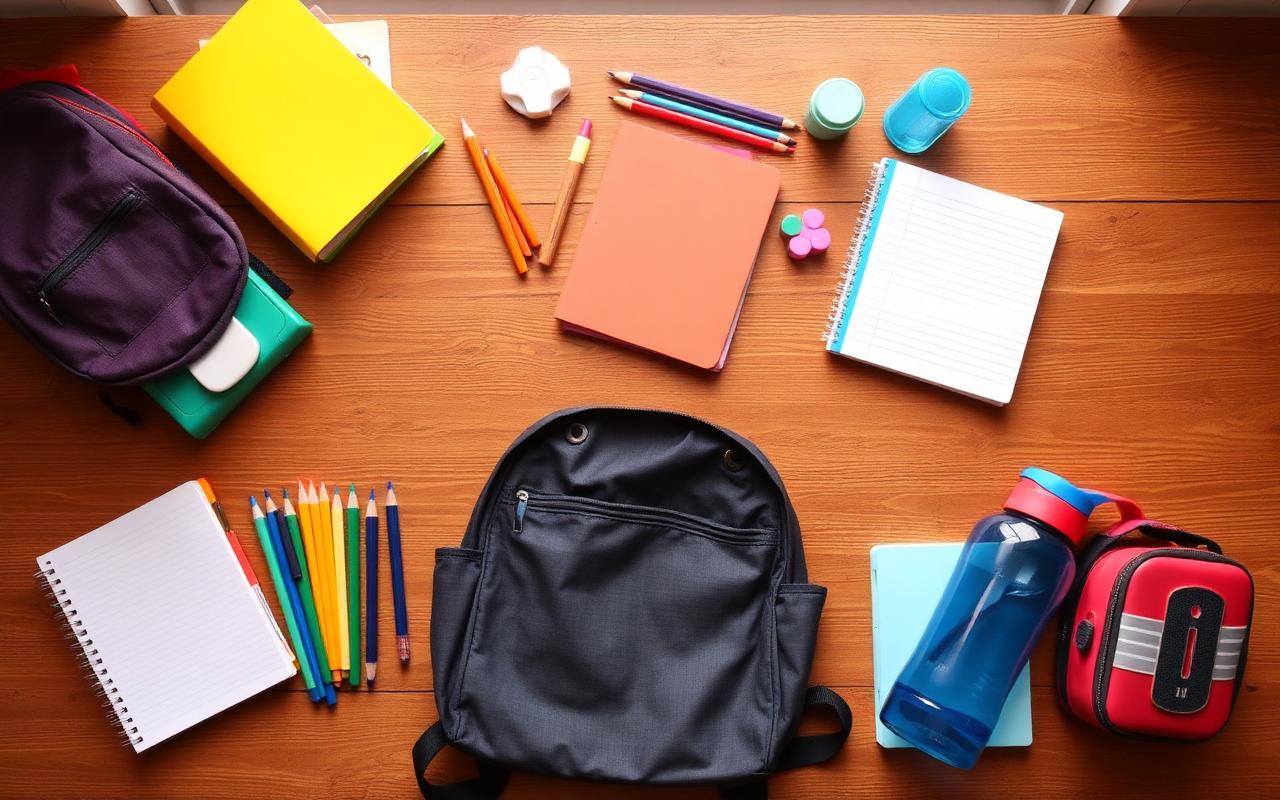 School supplies laid out for the first day of school in 2026, including a backpack, notebooks, pencils and a water bottle