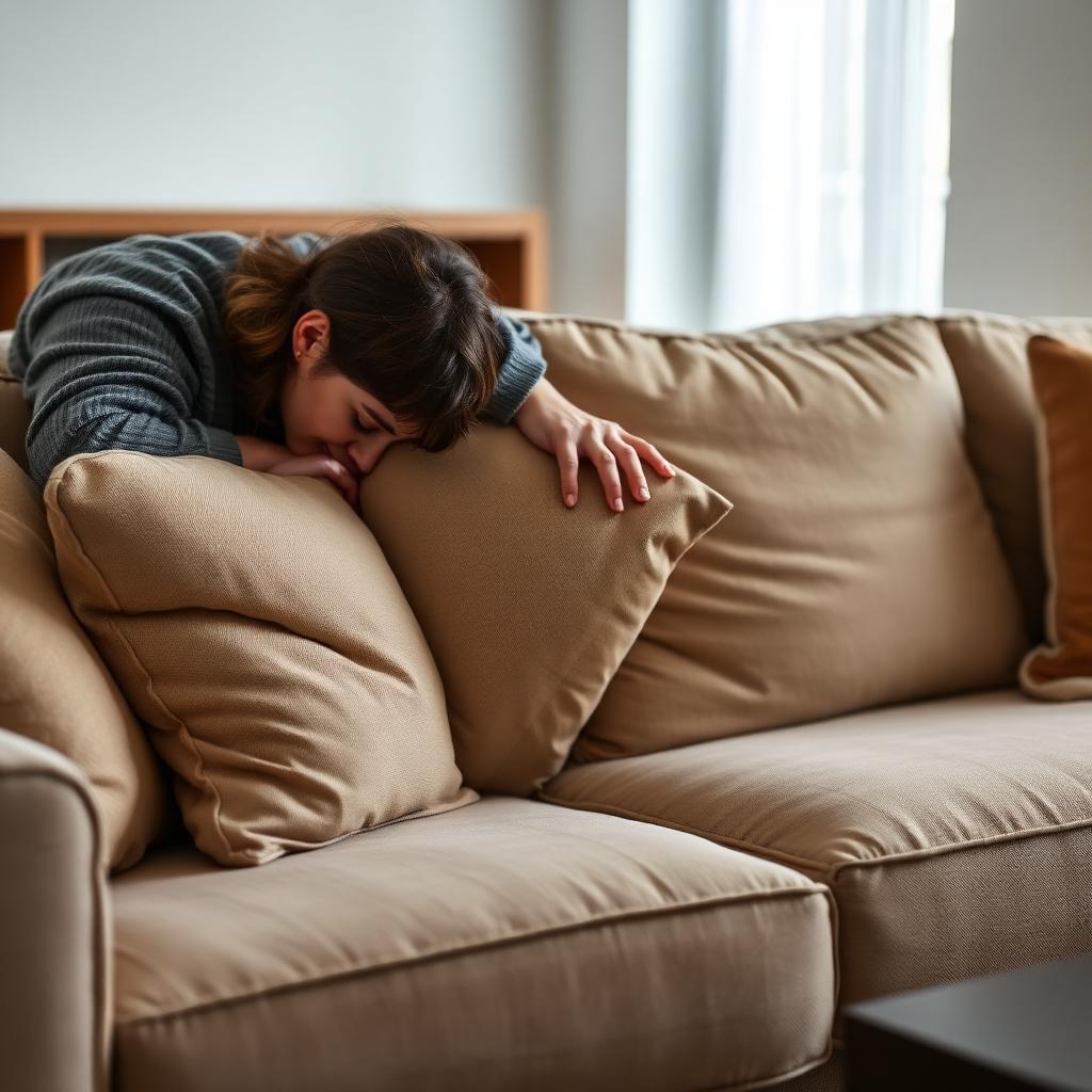 Person calmly searching between sofa cushions for a lost item in a tidy living room, the kind of calm retracing prayers for a lost phone encourage