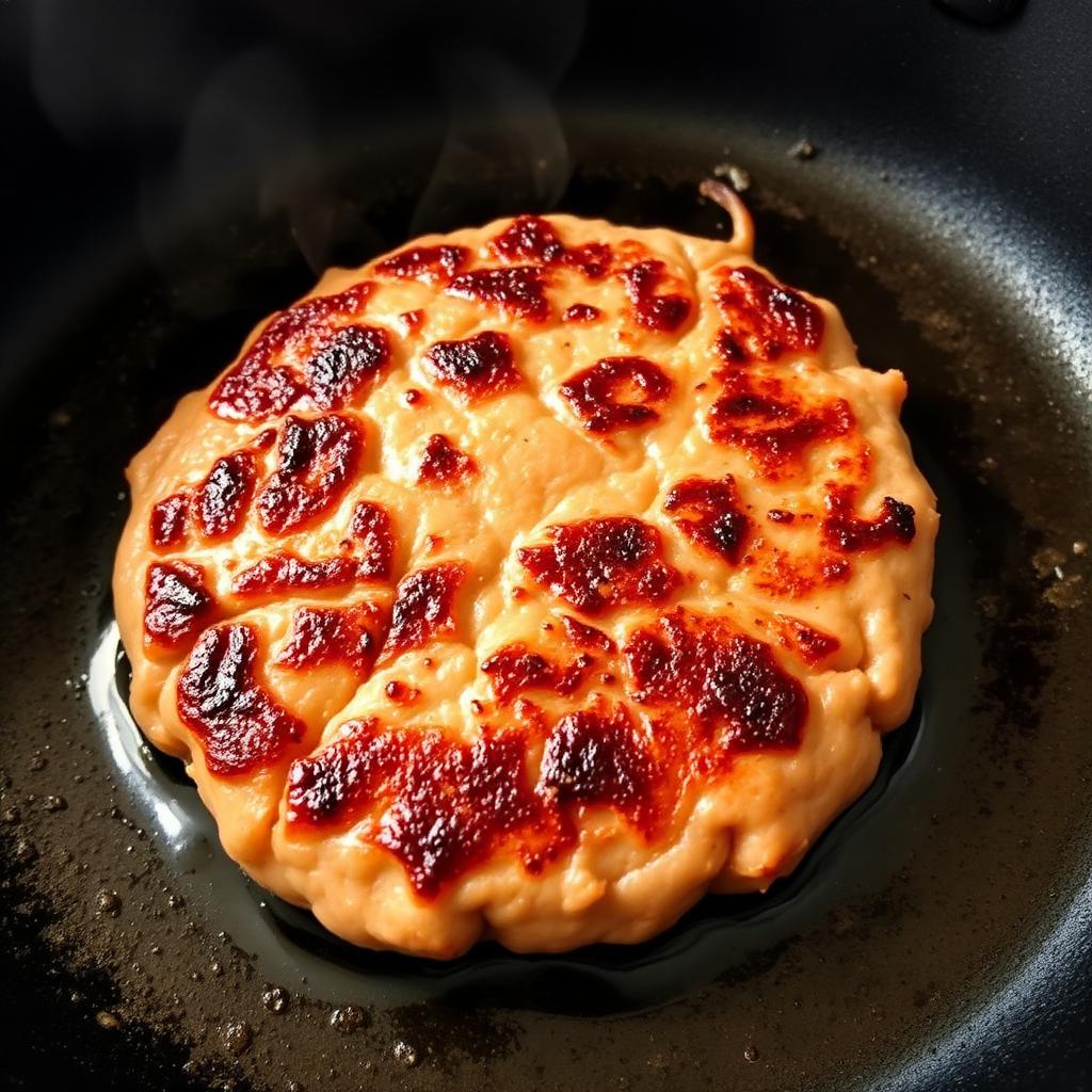 Pork sausage patty searing in a cast iron skillet with a deep brown crust forming
