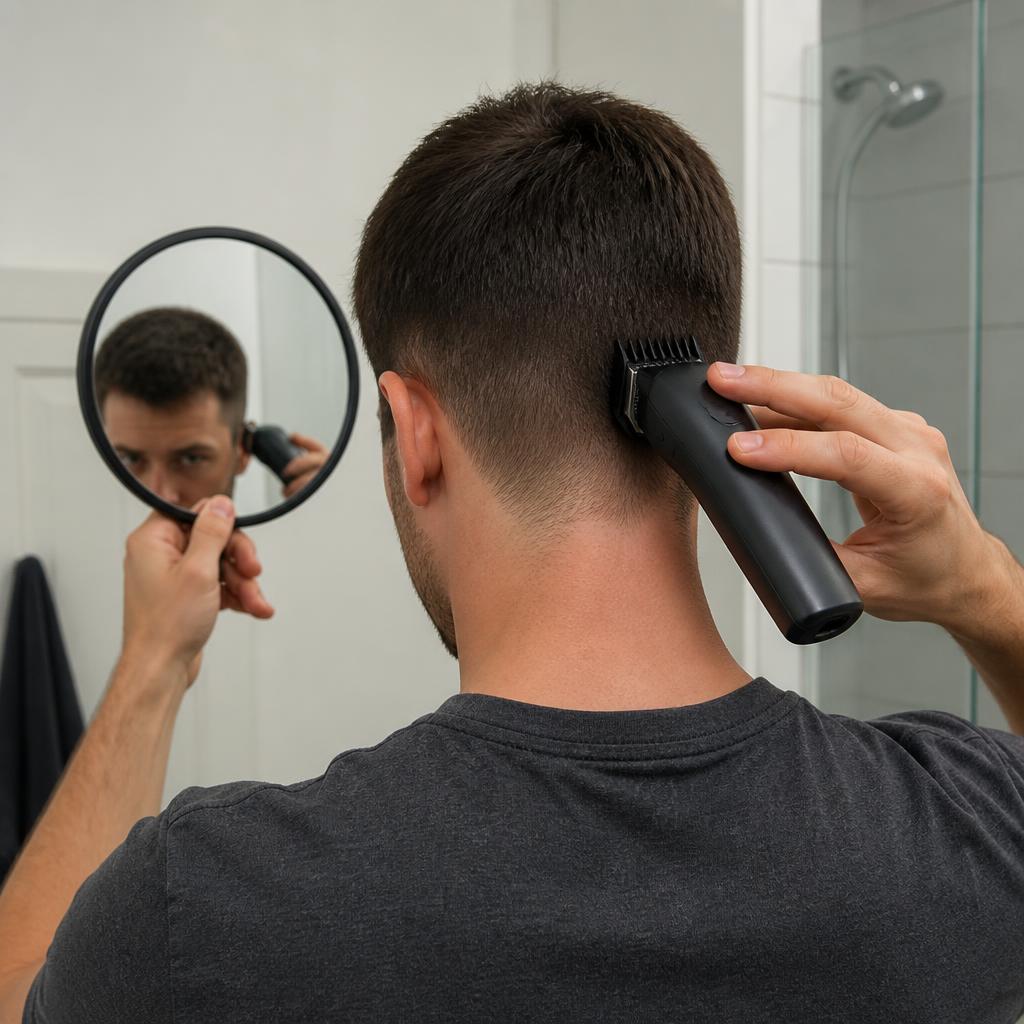 Man\u2019s hand holding an ergonomic cordless clipper against the back of his own head, with a hand mirror showing the fade behind him