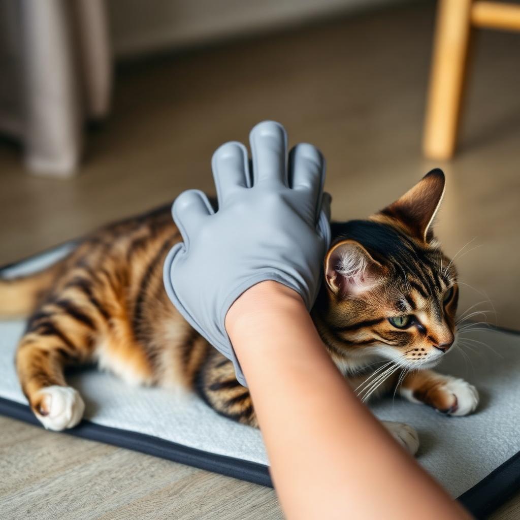 Human hand wearing a soft grey rubber grooming mitt gently stroking the back of a senior tabby cat resting comfortably on a padded mat