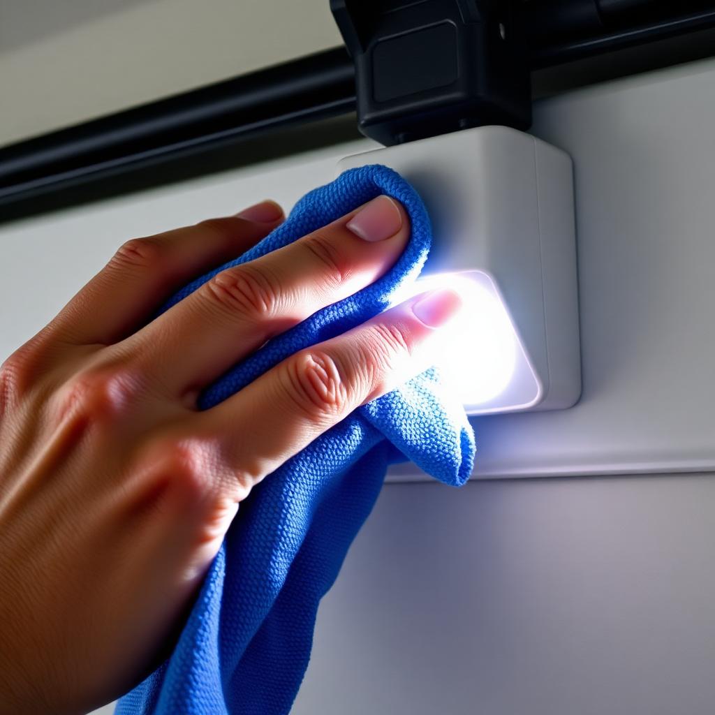 Hand wiping a garage door photo-eye safety sensor with a blue microfiber cloth