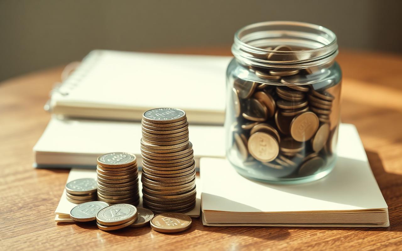 Coins stacked beside a savings jar and a blank notebook representing rebuilding a cash buffer in September