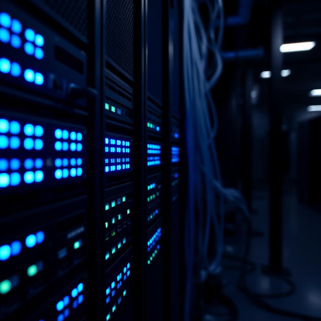 A close-up of server racks with glowing blue indicator LEDs and ethernet cables in a data centre