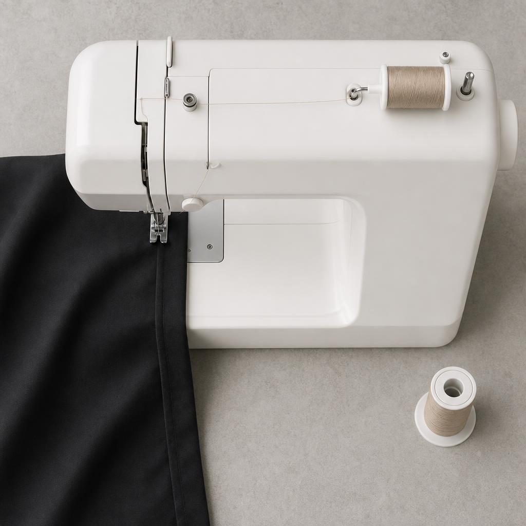 Plain white sewing machine stitching a folded hem on black trouser fabric with a beige thread spool nearby