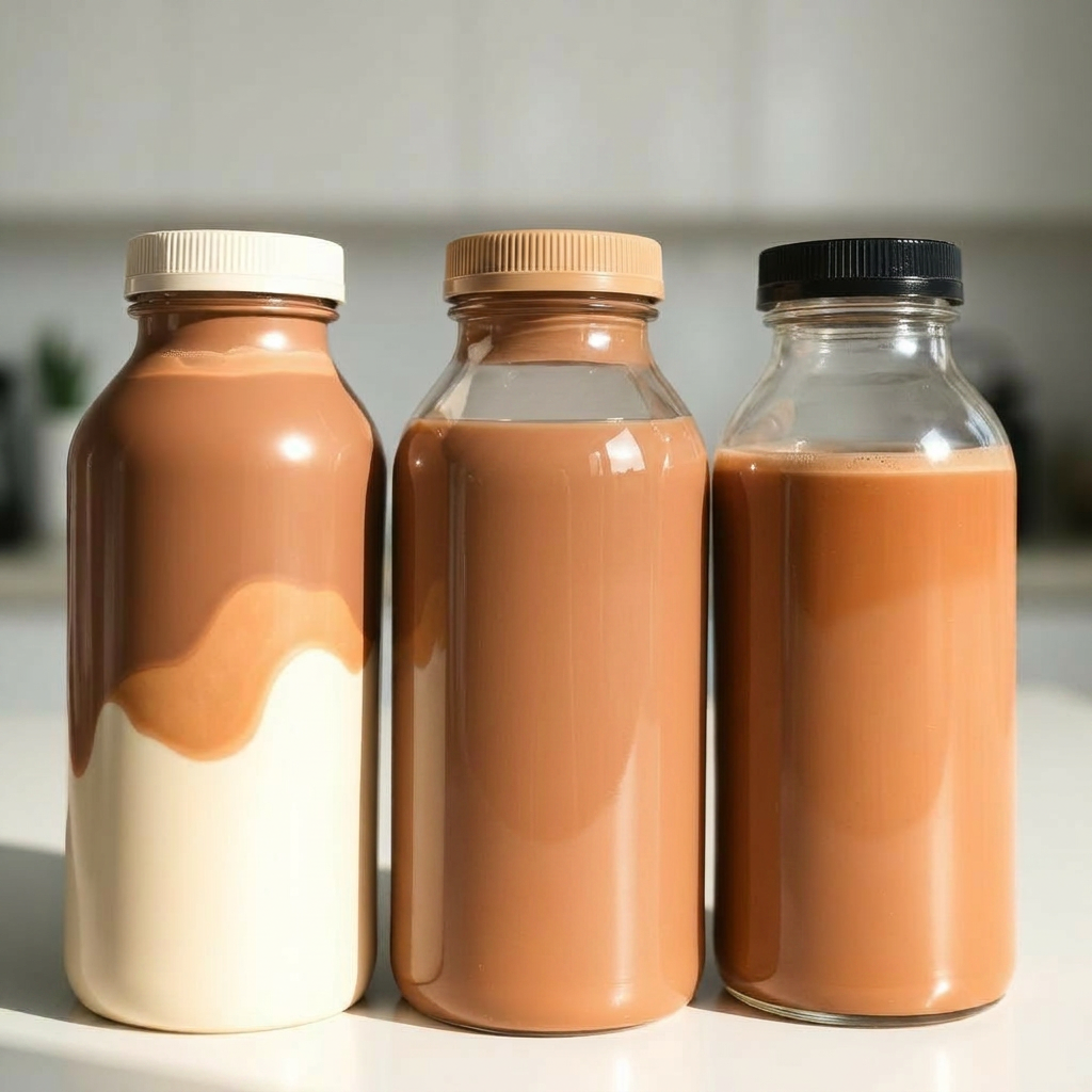 Three protein shake bottles lined up on a kitchen counter for side by side comparison