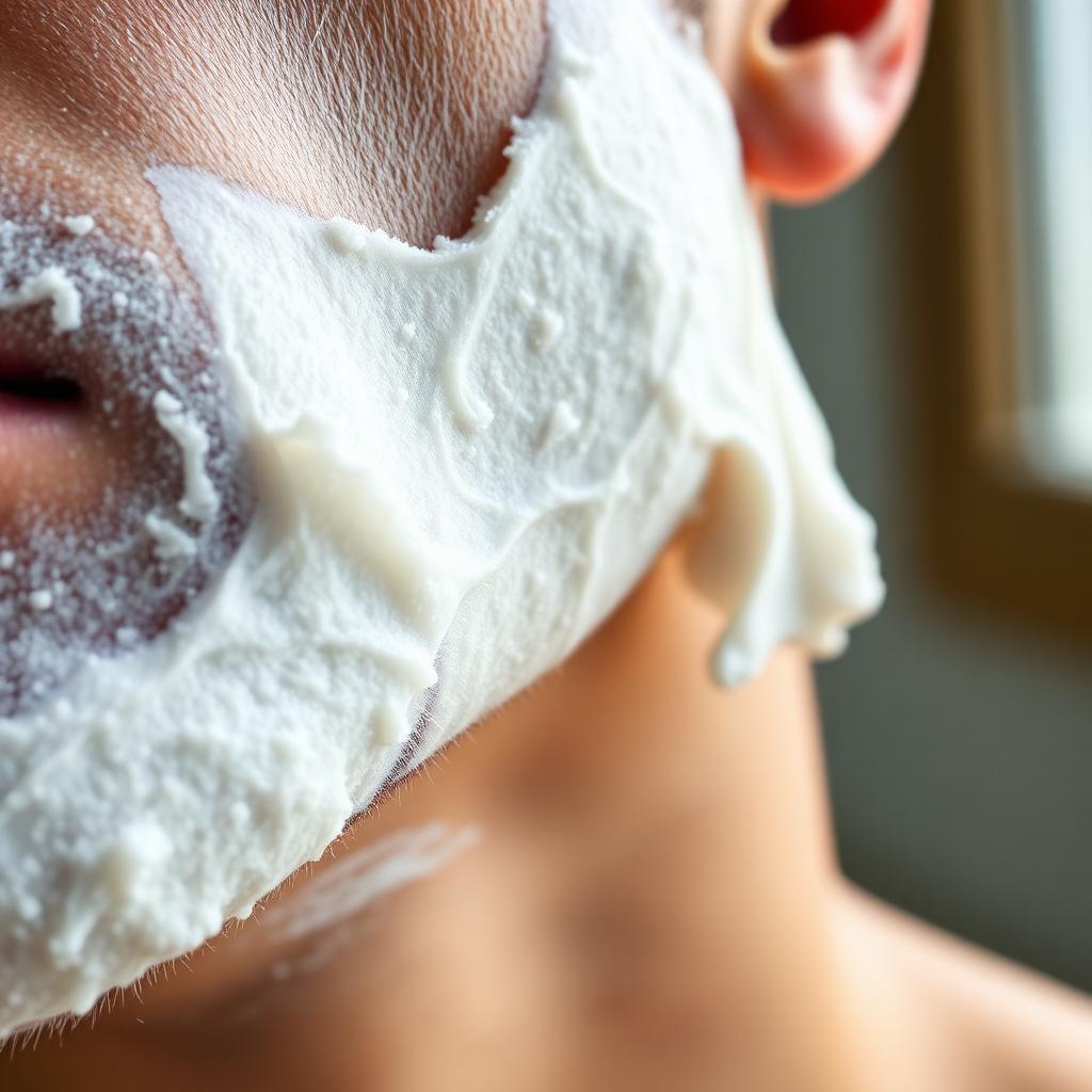Close-up of a thick even white shaving cream lather applied to a man’s cheek and jawline in soft window light
