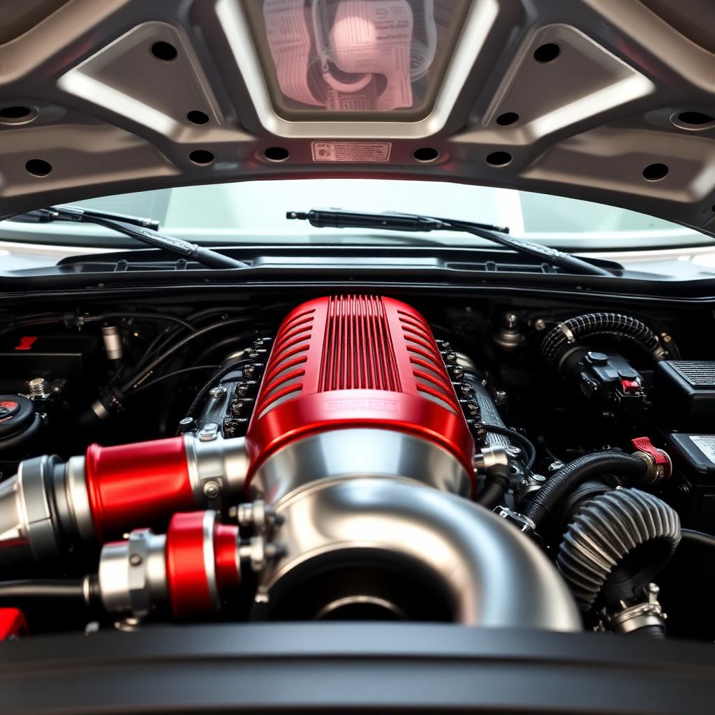 Close up of an off road truck supercharger engine bay with bright red anodised intake manifold and silver cooling pipes under hood, illustrating the 2026 Shelby Baja Raptor R 1000 horsepower powertrain