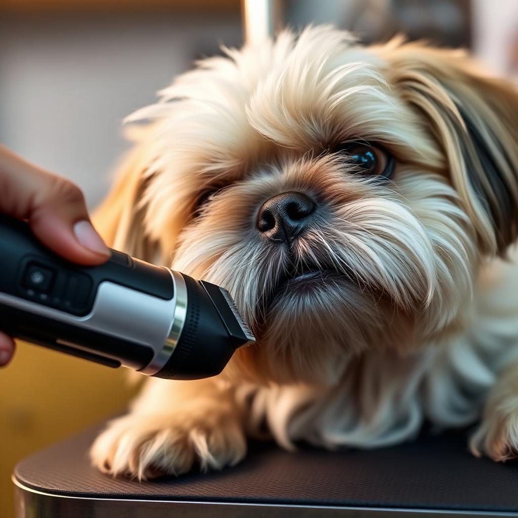 Groomer clipping a Shih Tzu's muzzle with a small quiet cordless dog clipper