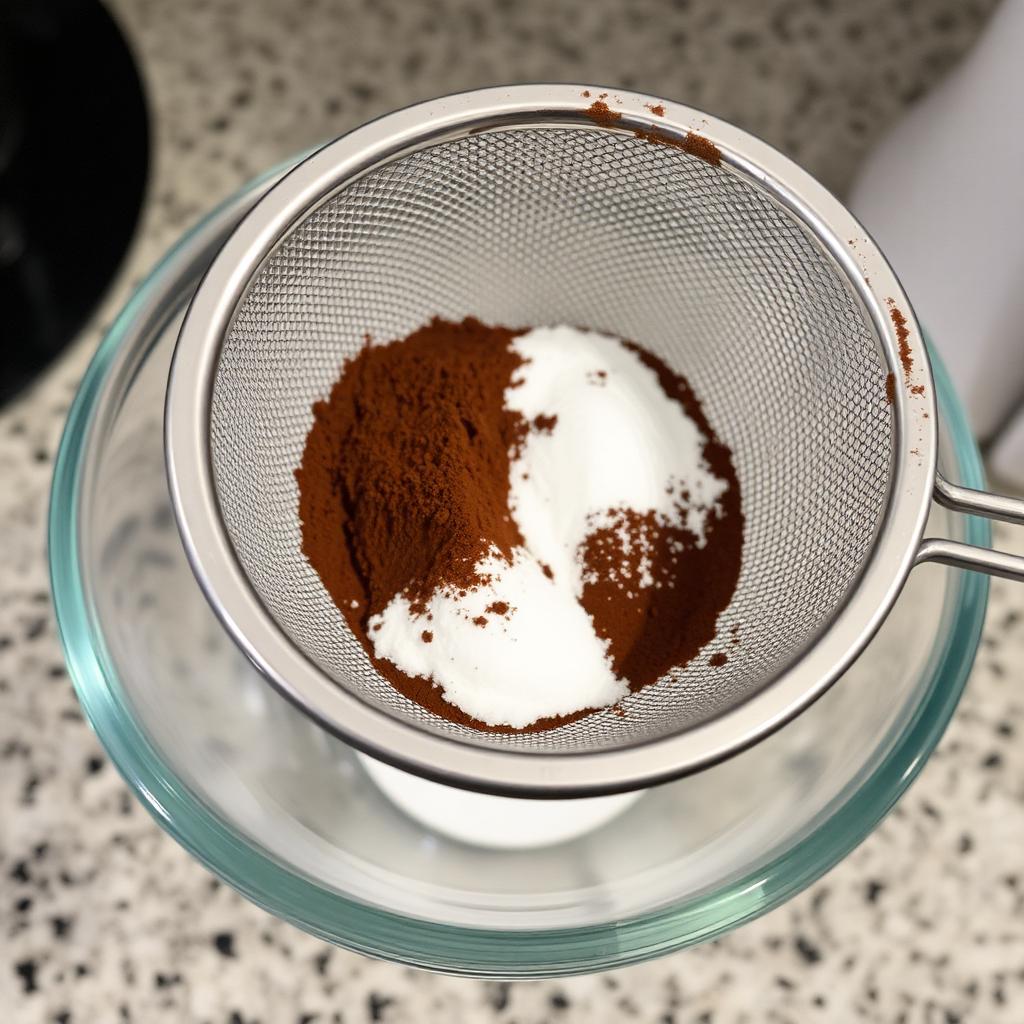 I Make Chocolate Frosting From Scratch: Sifted cocoa powder and powdered sugar in a fine mesh sieve over a glass bowl