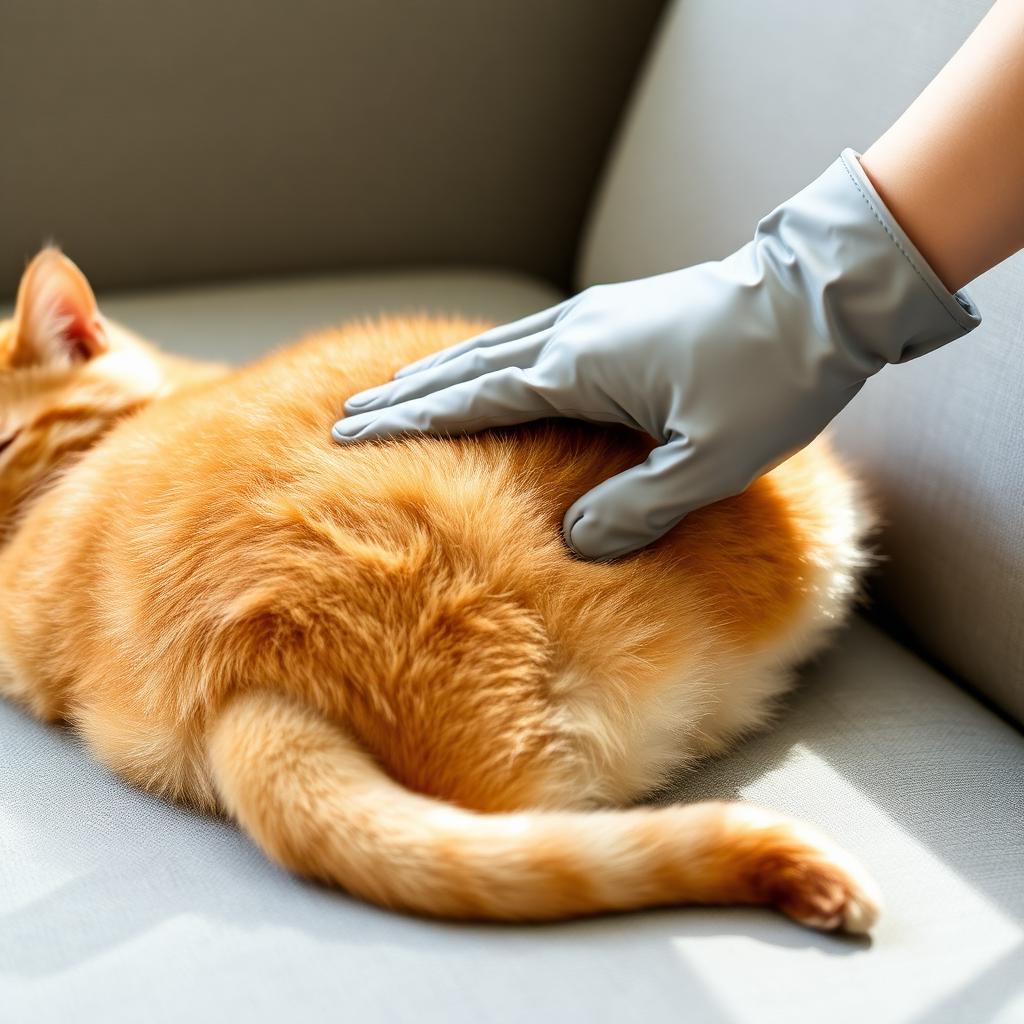A hand wearing a soft grey silicone grooming glove smoothly stroking the back of a relaxed orange tabby cat lounging on a couch in warm daylight