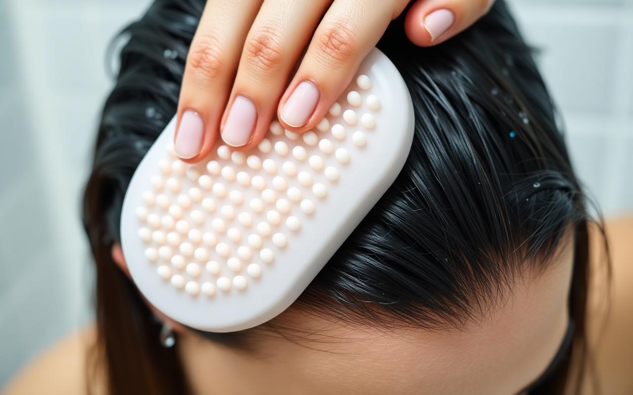 A hand holding a soft blue silicone scalp massager brush near shampoo bottles on a bathroom counter