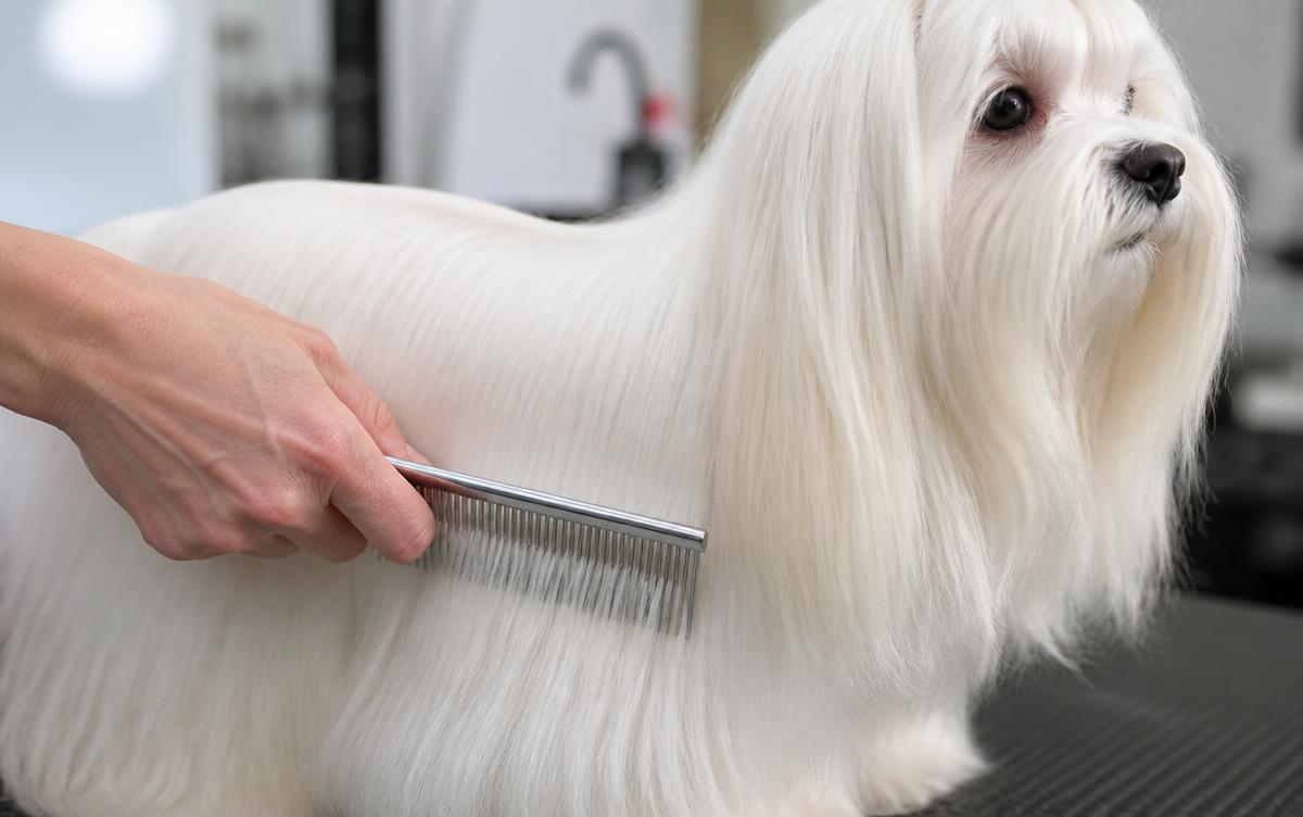 Stainless steel grooming comb sliding cleanly through the long silky coat of a light colored dog