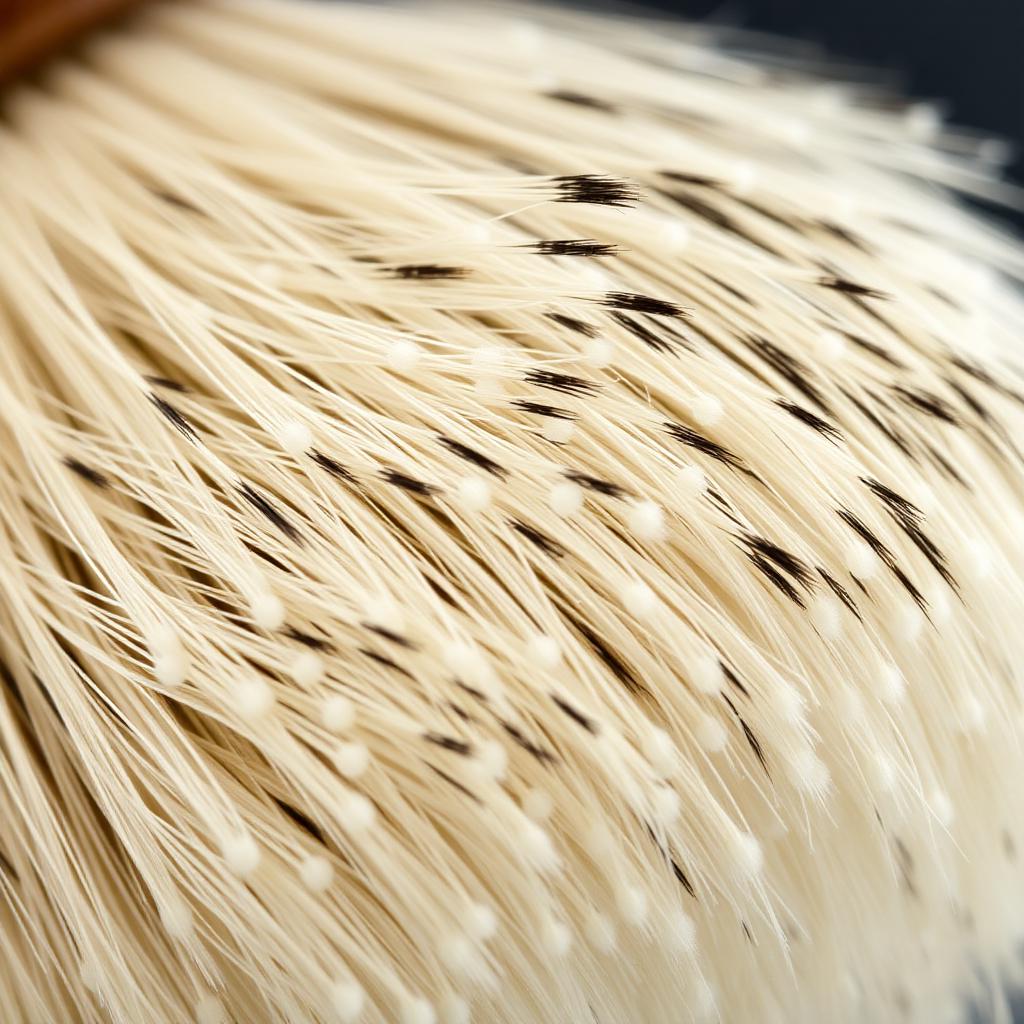 Macro of the soft cream-tipped bristles of a silvertip badger shaving brush loaded with white lather