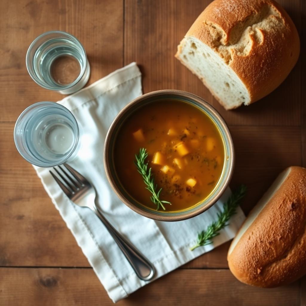 Overhead view of a simple home cooked meal: a bowl of soup, fresh bread, a glass of water and a sprig of rosemary on a wooden table
