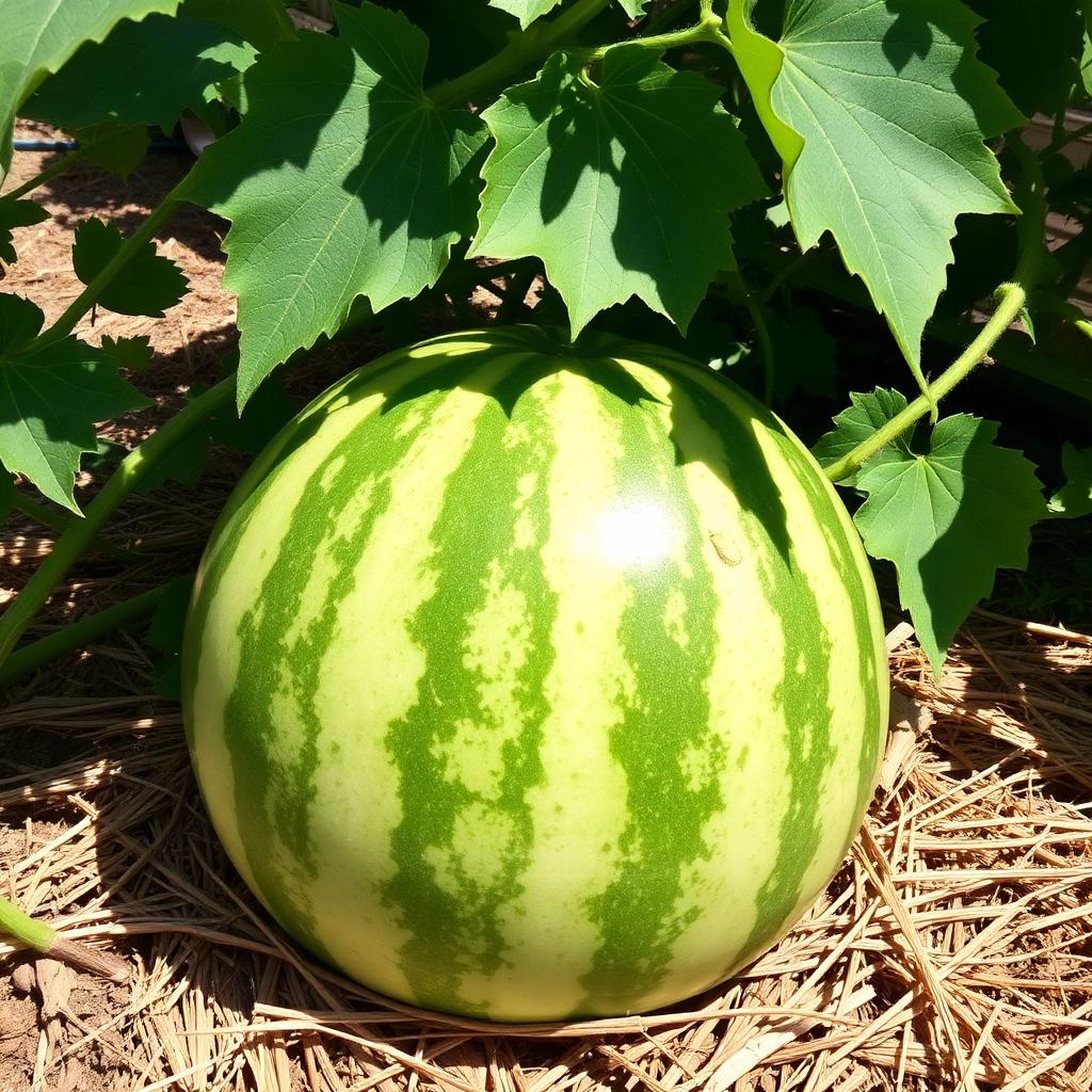 A single large striped green watermelon resting on straw mulch under a leafy vine in a backyard garden
