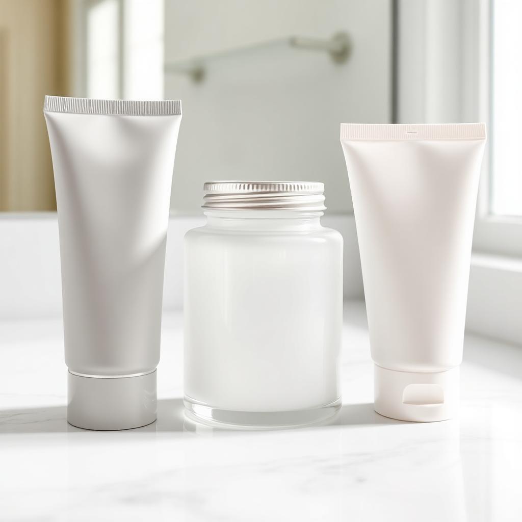 Three plain skincare containers on a marble bathroom counter, cleanser tube, moisturizer jar, and face scrub tube