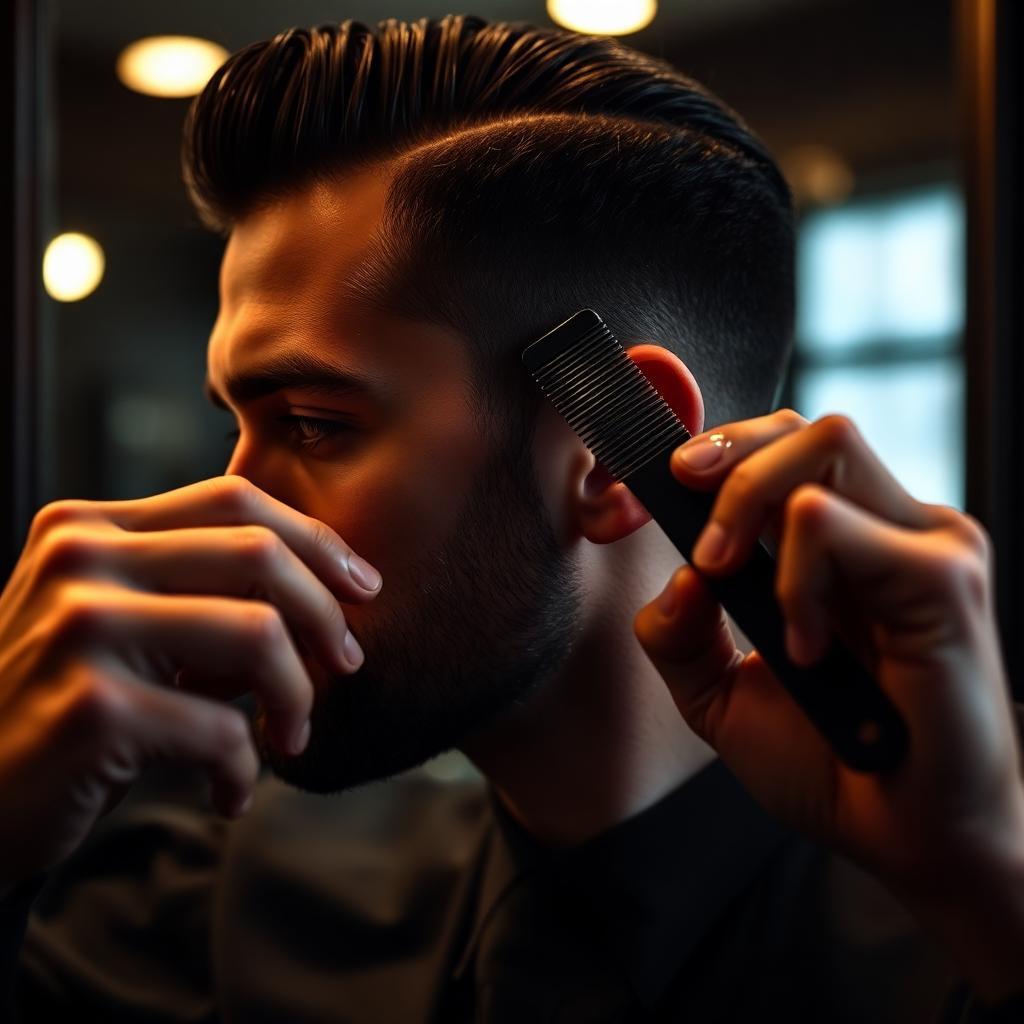 Man combing his slicked-back dark hair with a fine-toothed barber comb in a dark barbershop