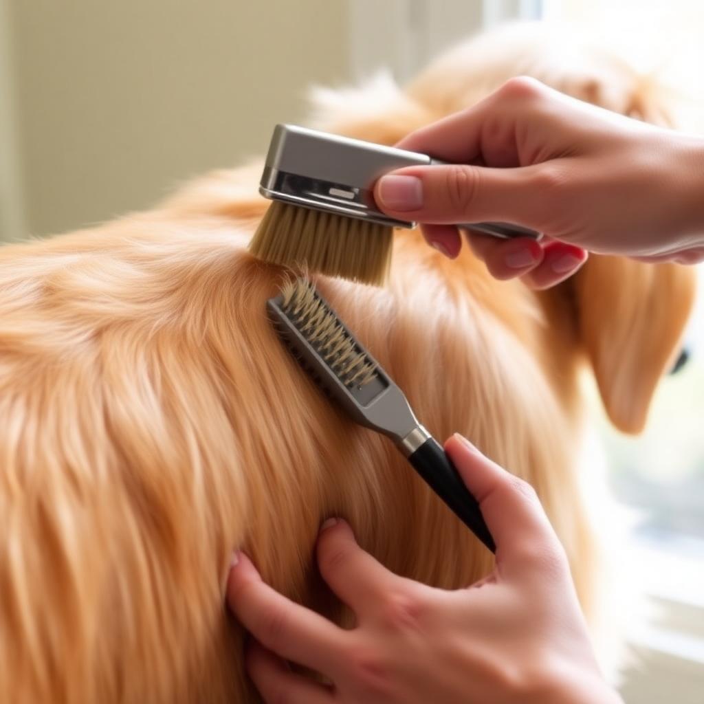 Groomer using a long-pin slicker brush to line-brush a golden retriever's flank in short sections
