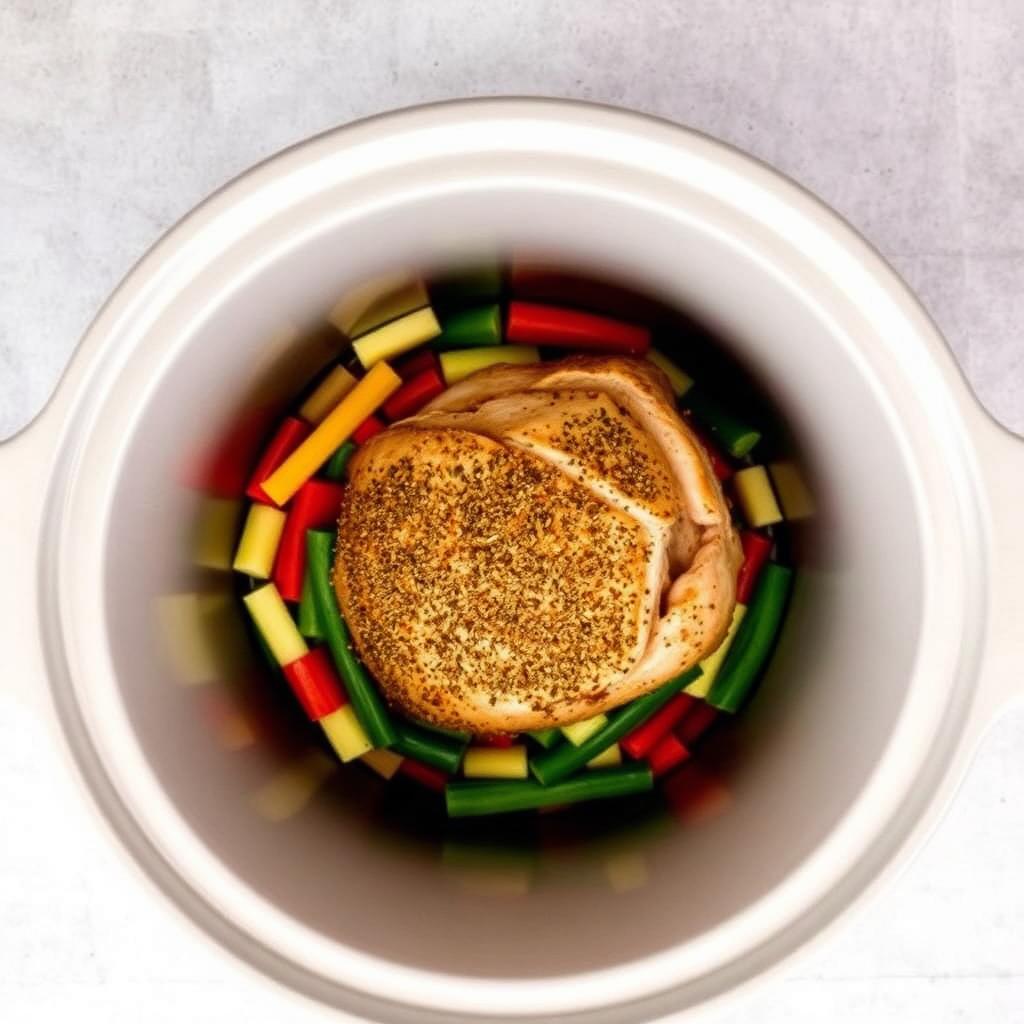 Top-down view of a slow cooker insert with chopped vegetables arranged around a seasoned pork shoulder ready for cooking
