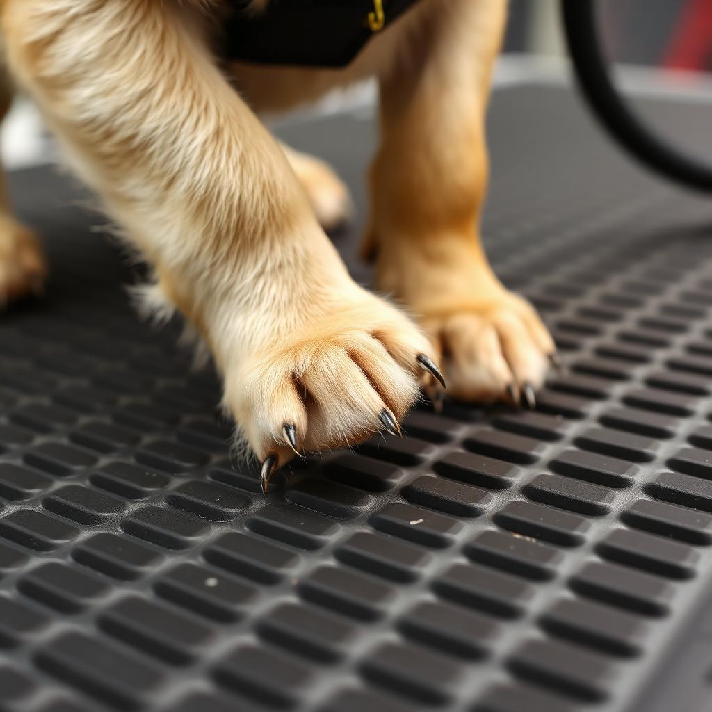 Small dog paws on the ribbed non-slip rubber surface of a folding grooming table with the safety loop visible above