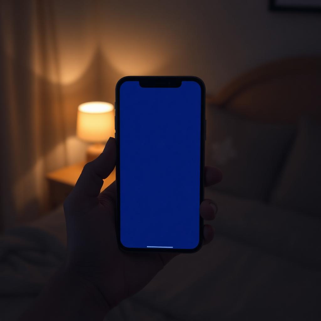 Hand holding a phone next to a bedside lamp plugged into a compact smart plug at night