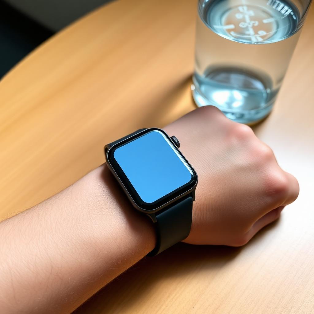 A modern smartwatch resting on a wrist next to a glass of water on a wooden table, capturing daily step tracking in a calm setting.