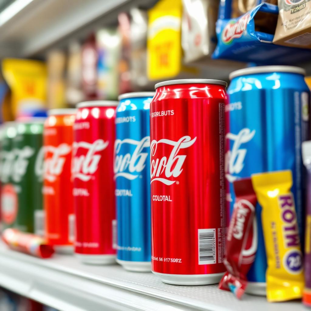the New Junk Food Restrictions Coming to the US: A row of brightly colored aluminum soda cans and packaged snack bars on a supermarket shelf, slightly out of focus to obscure any brand labeling.