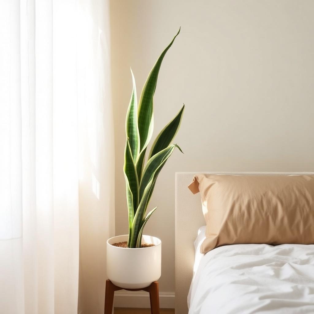 A tall snake plant in a ceramic pot sitting beside a bed in a calm bedroom corner