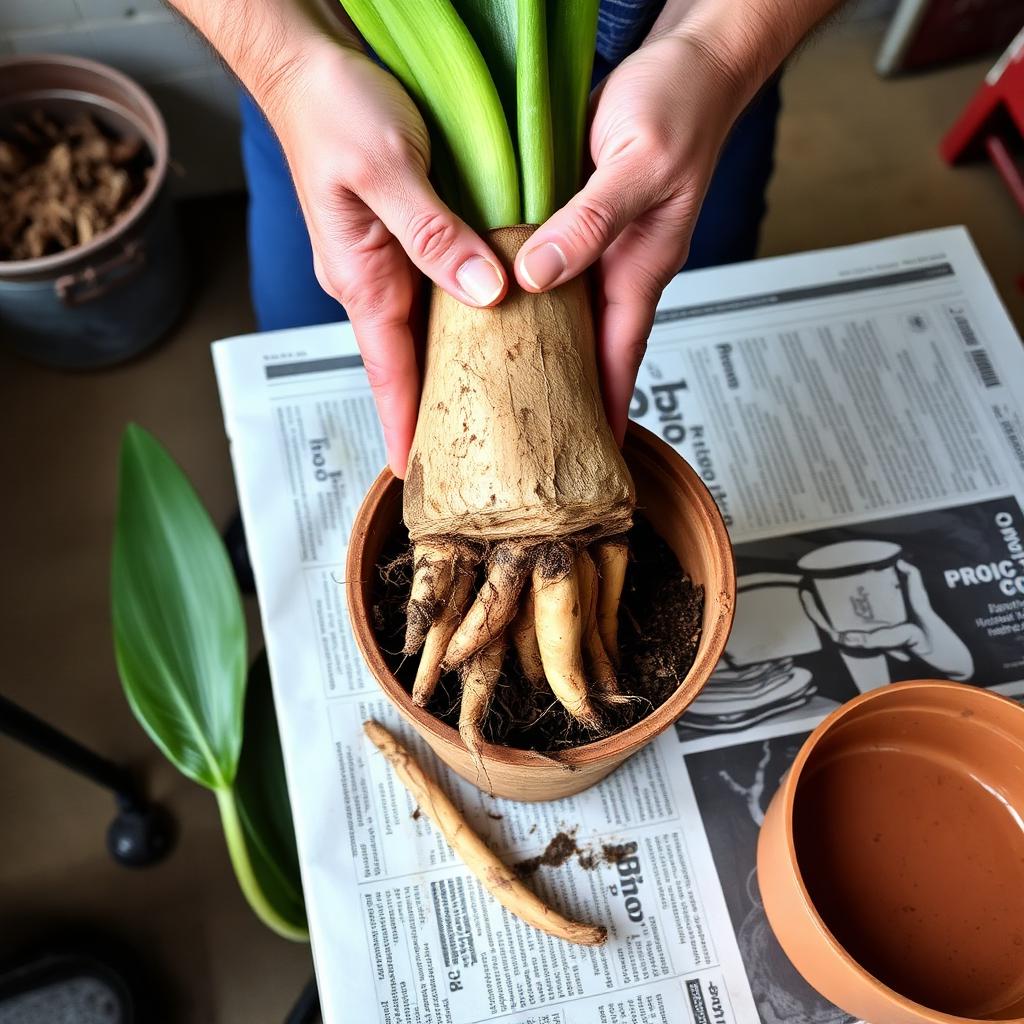 Snake plant pulled from its pot showing thick pale rhizomes being inspected by hands on a newspaper covered table.