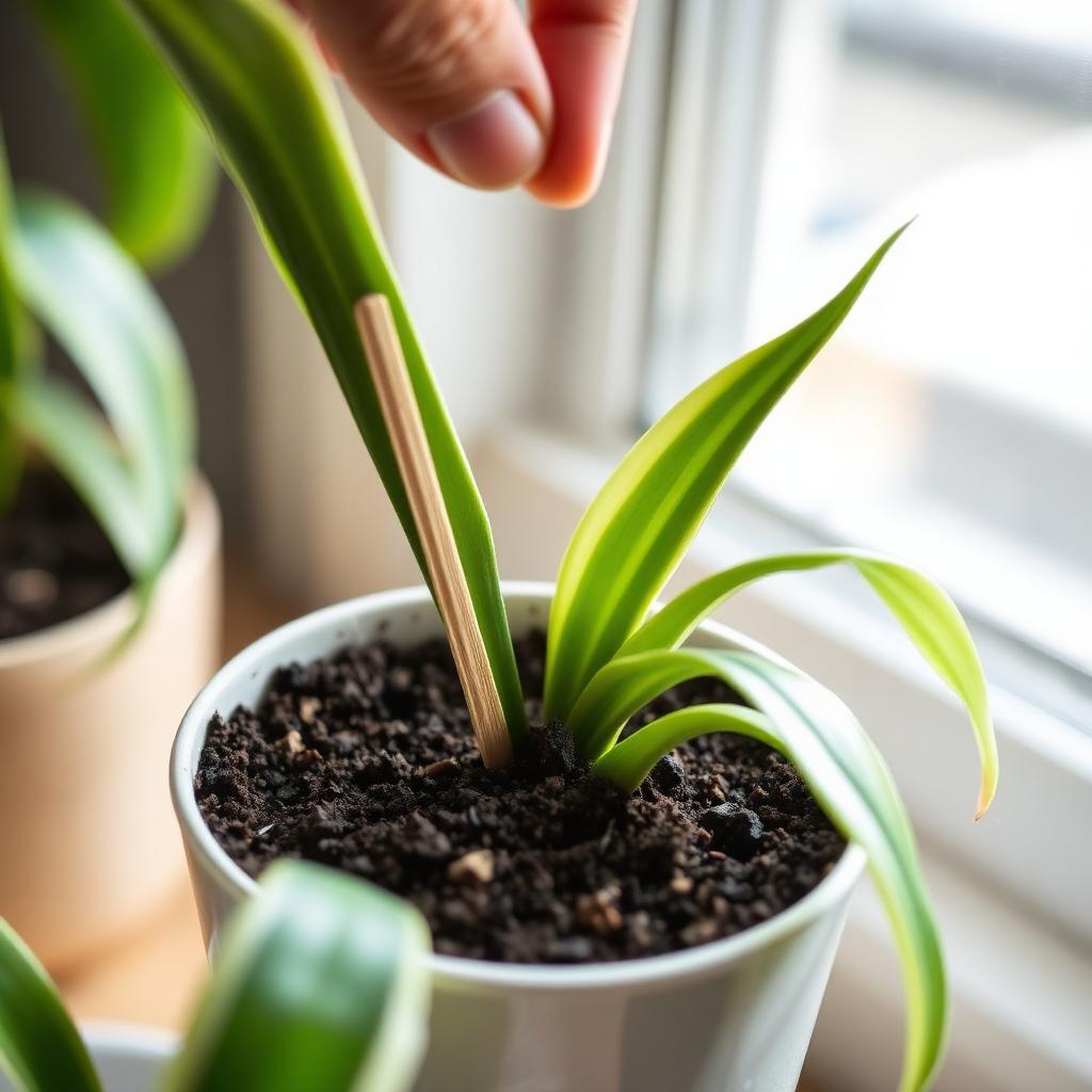 Wooden skewer inserted into a snake plant pot to check soil moisture