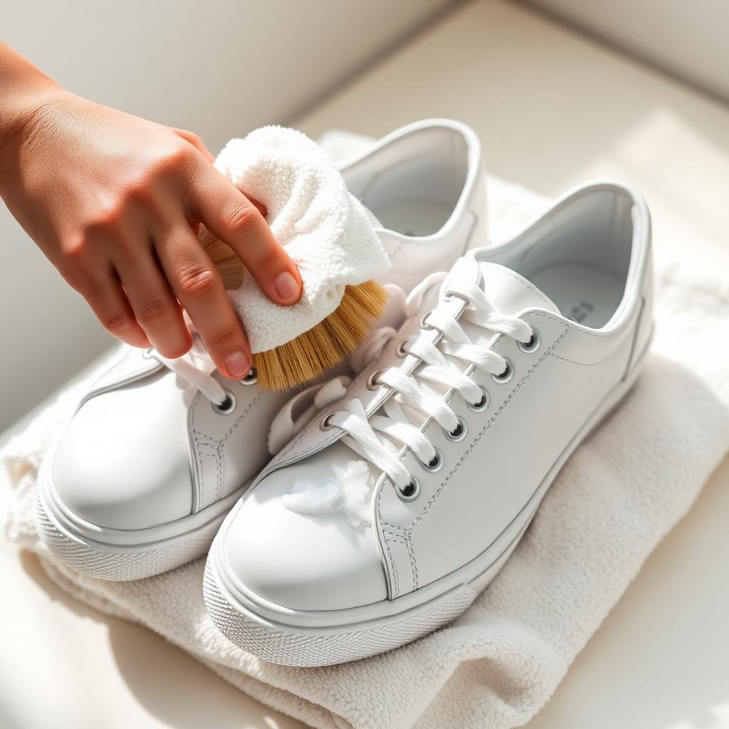 White leather sneakers being gently scrubbed with a soft brush and microfiber cloth on a folded towel.