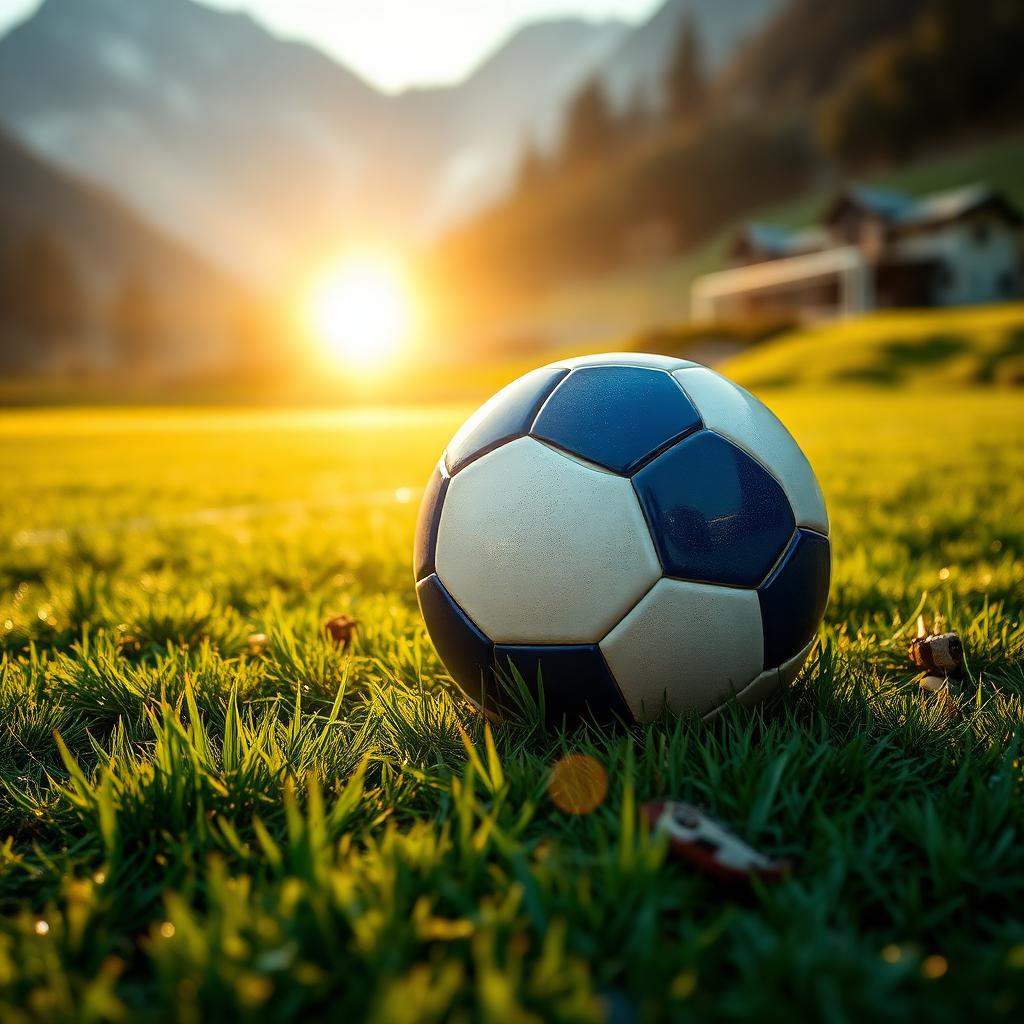 Soccer ball resting on the grass of a small mountain football pitch at sunrise in Nepal